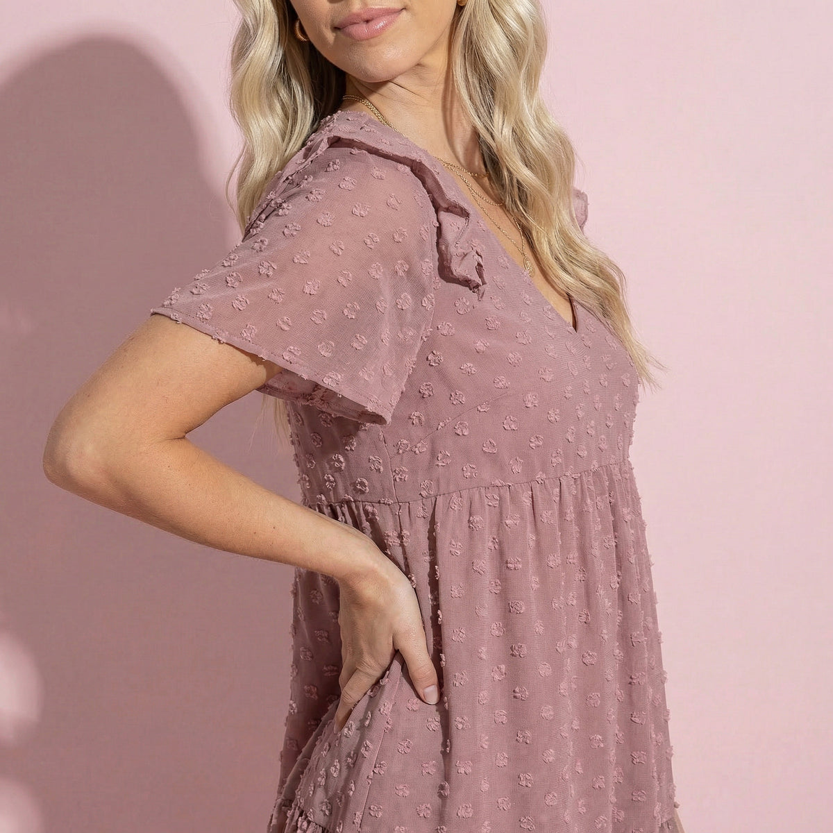 Ruffle Shoulder Textured Floral Dress