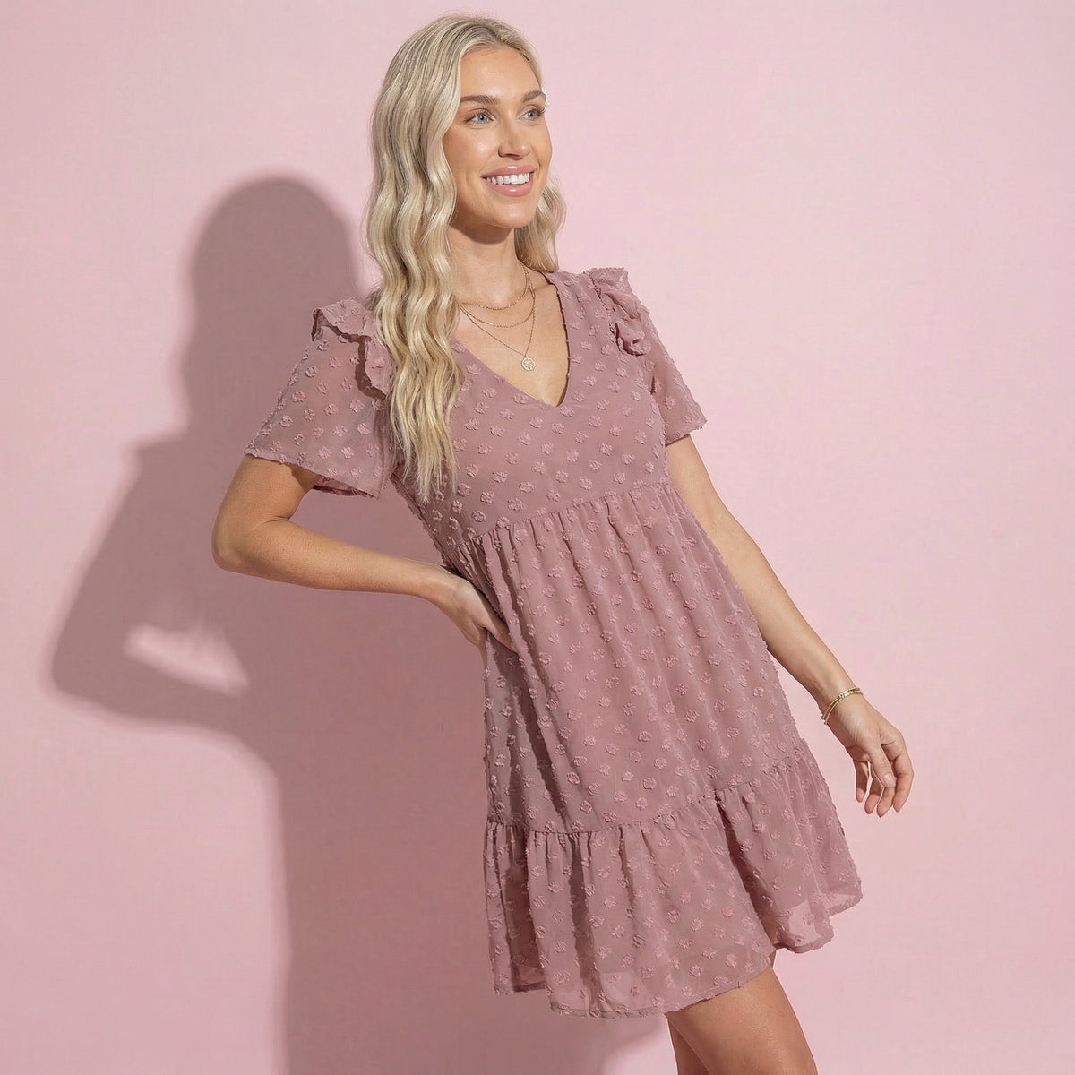 Ruffle Shoulder Textured Floral Dress