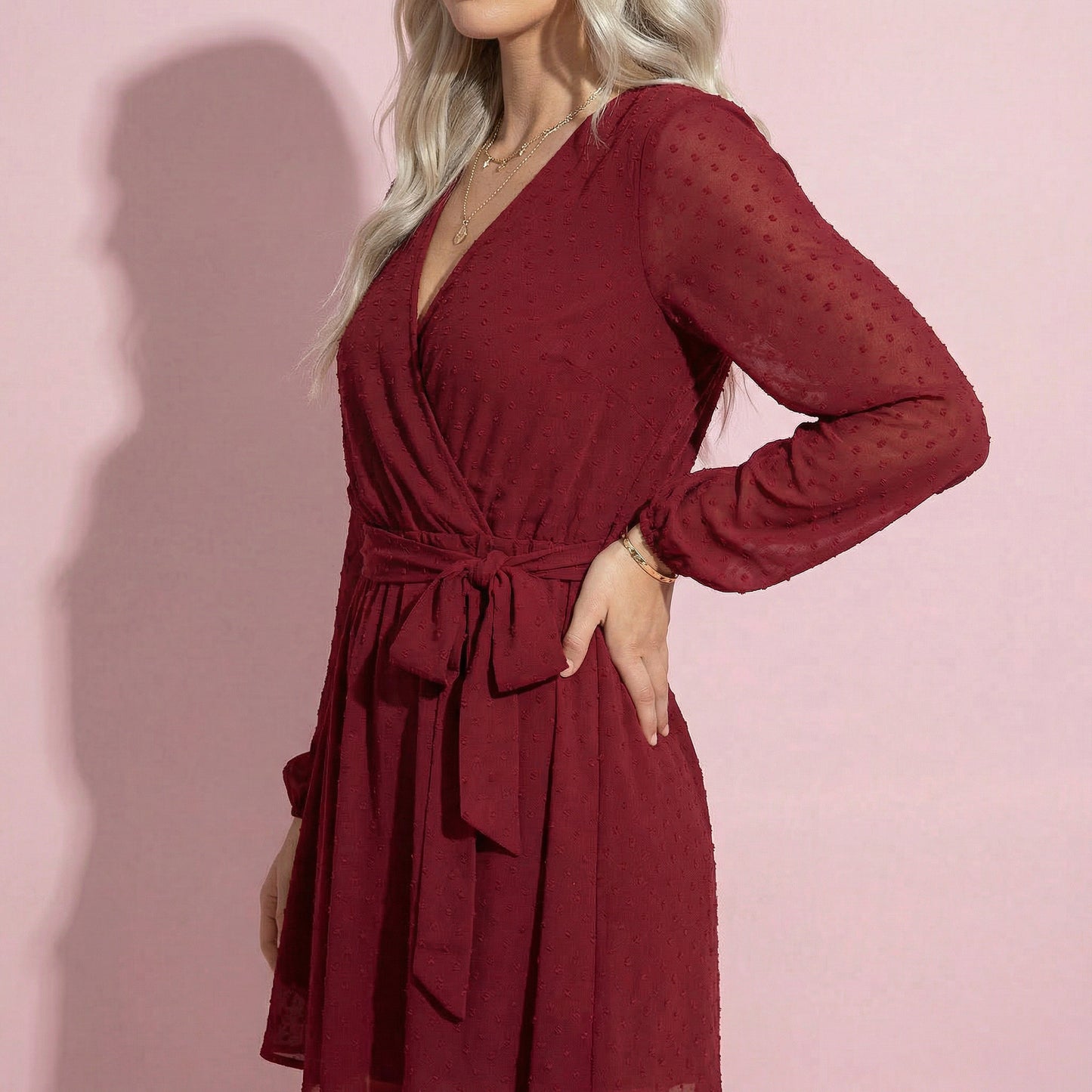 Clip Dot Long Sleeve Wrap Dress