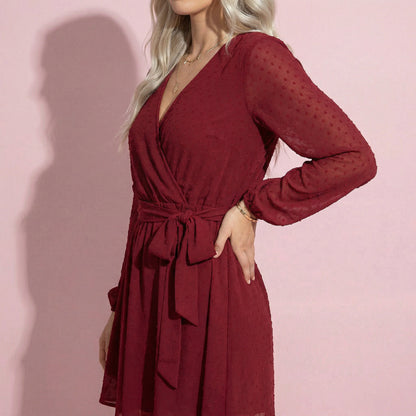 Clip Dot Long Sleeve Wrap Dress