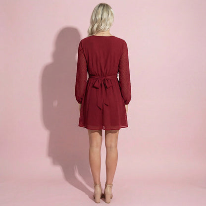 Clip Dot Long Sleeve Wrap Dress