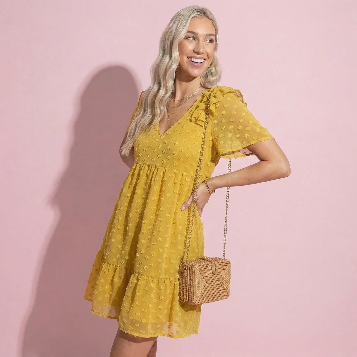 Ruffle Shoulder Textured Floral Dress