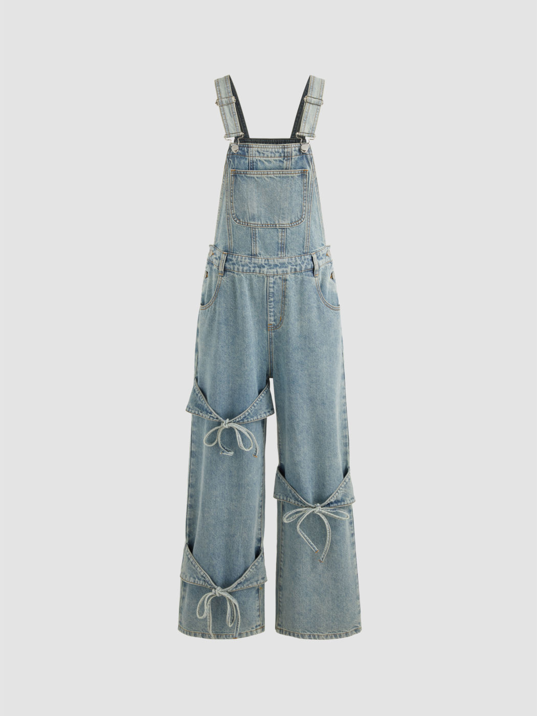 🎀Denim Bowknot Buckle Up Pocket Wide Leg Jumpsuit