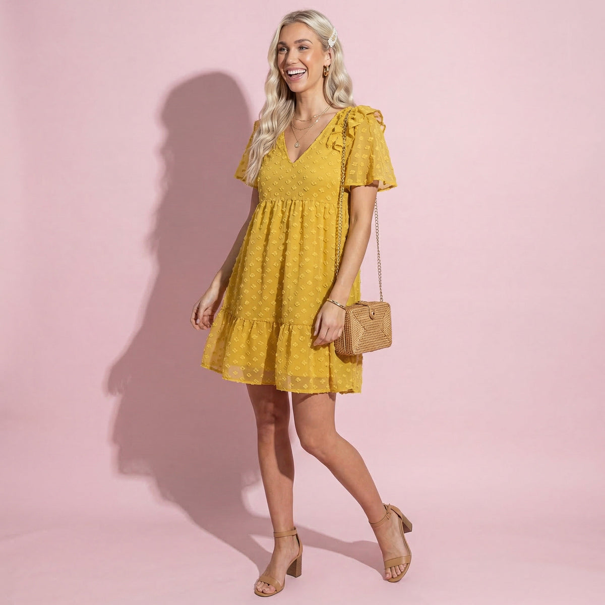 Ruffle Shoulder Textured Floral Dress