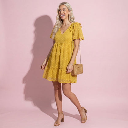 Ruffle Shoulder Textured Floral Dress