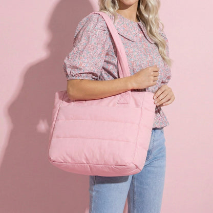 Anna-Kaci Women's Quilted Puffer Tote Bag with Luggage Strap Water-Resistant Padded Panels and Smooth Zipper
