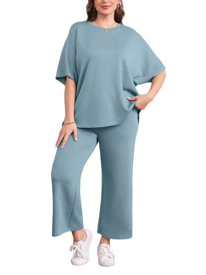 2026 Women Oversized Tshirt and Wide Leg Crop Pants 2 Piece Sets