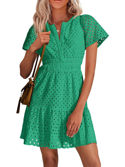 Women's V Neck A Line Hollow Out Lace Dress