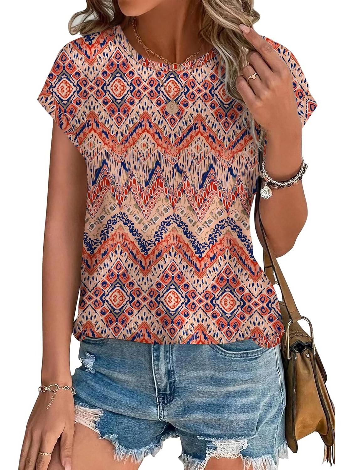 ✨Womens Printing Dressy Casual Cap Sleeve Tops with Curved Hem
