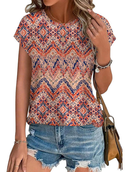 ✨Womens Printing Dressy Casual Cap Sleeve Tops with Curved Hem