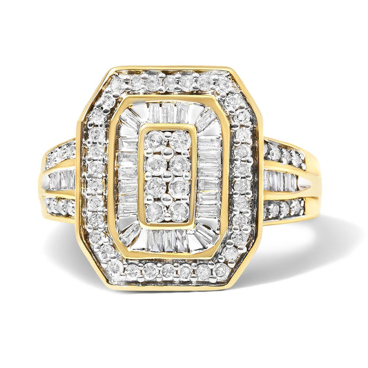 10K Yellow Gold 1.0 Cttw Diamond Vintage Inspired Baguette-Cut Double Halo Emerald-Shaped Frame Cocktail Ring (I-J Color, I1-I2 Clarity)