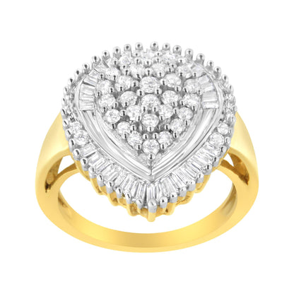 10K Yellow Gold 1.0 Cttw Round and Baguette Cut Diamond Oval Shaped Cluster Ring (I-J Color, I1-I2 Clarity)