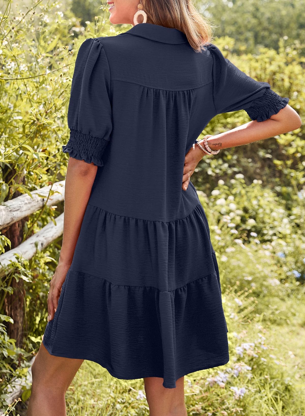 📣Smocked Sleeve Tiered V-Neck Mini Dress