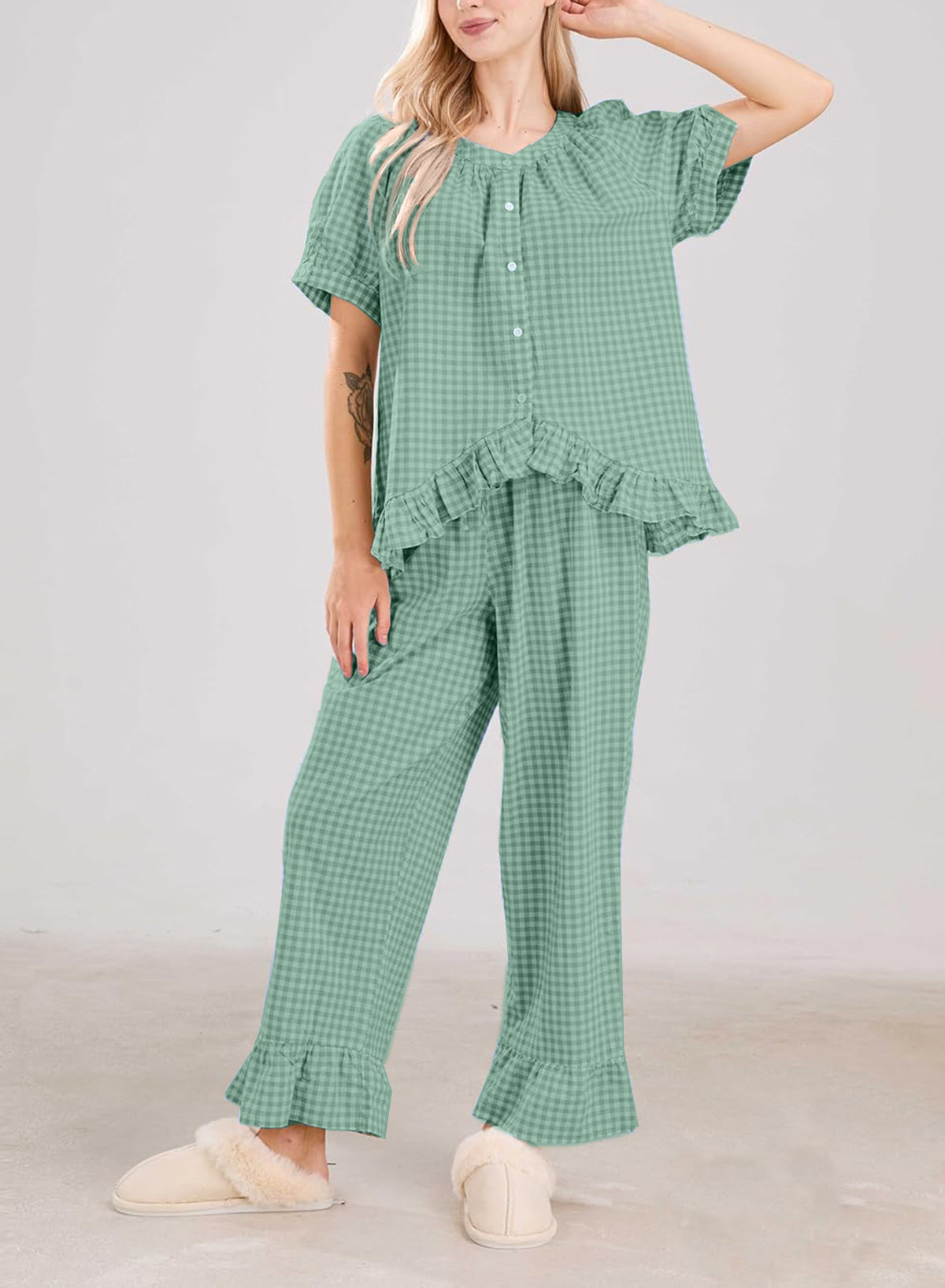 ✨Women Plaid 2 Piece Set Pajamas Outfits Short Sleeve Ruffle Shirt Pants Sets