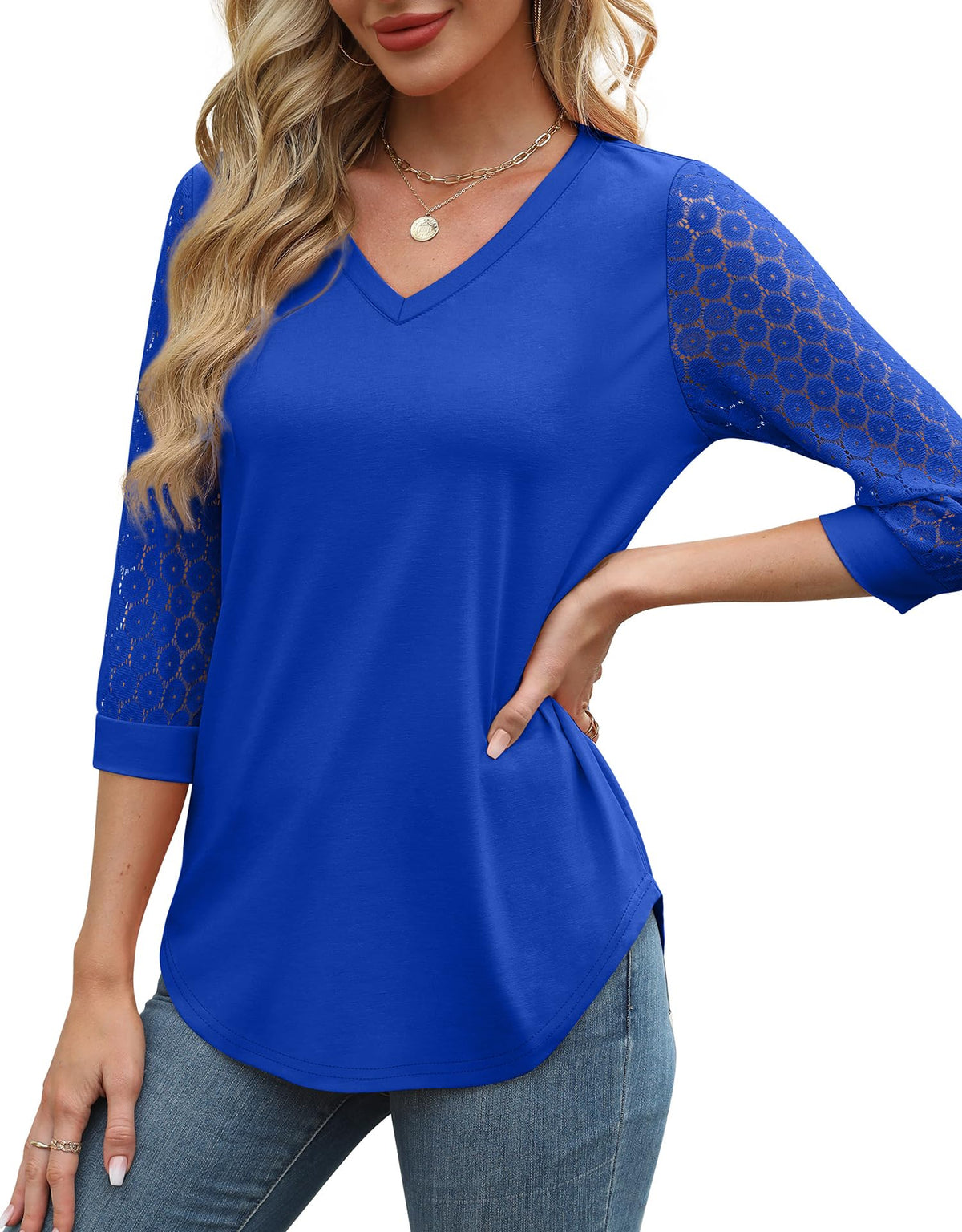 Womens 3/4 Length Sleeve V-Neck Lace Tunic Tops Business Casual Blouses