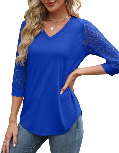 Womens 3/4 Length Sleeve V-Neck Lace Tunic Tops Business Casual Blouses