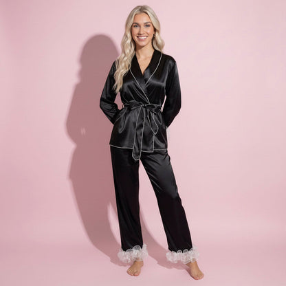 Anna-Kaci Women's 2-Piece Set Satin Wrap Top with Sheer Ruffle Trim and Matching Straight-Leg Pants