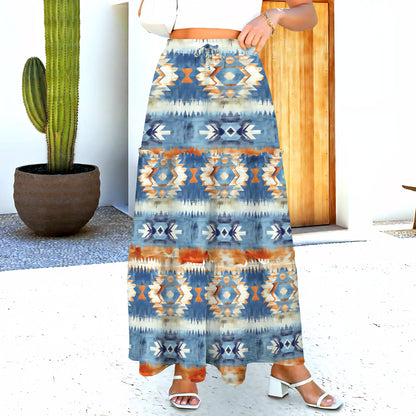 Baha Ranch Blue Aztec Western Prairie Tiered Maxi Skirt