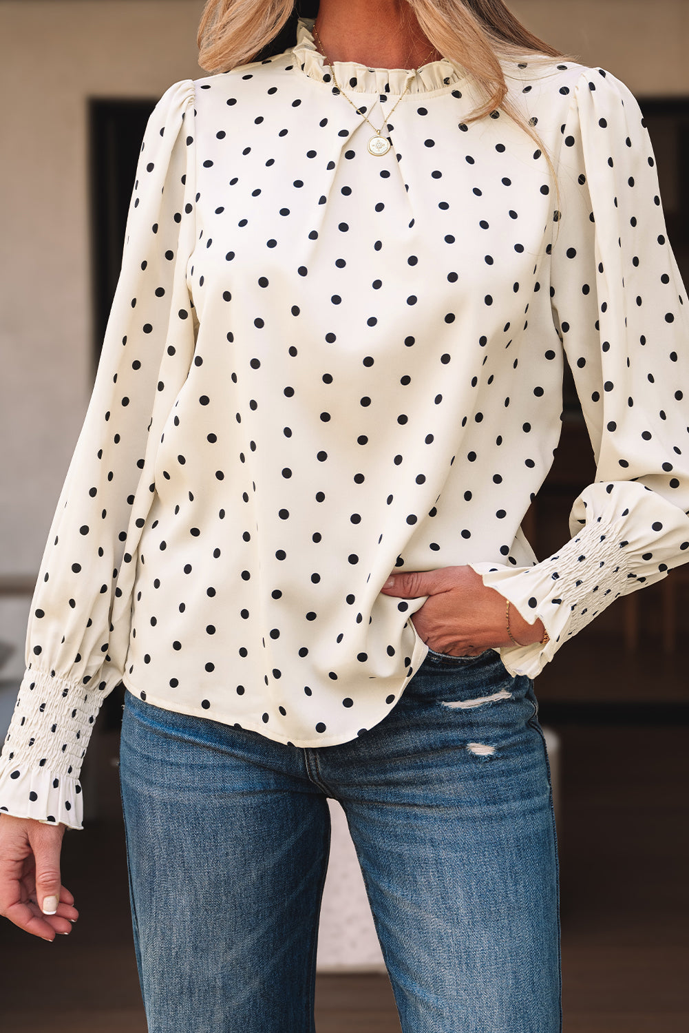 Threaded Pear Catalina Polka Dot Lantern Sleeve Blouse