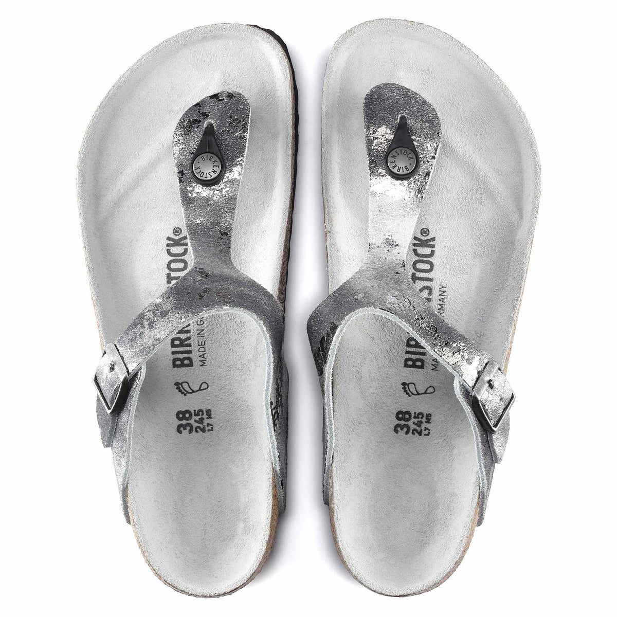 Birkenstock Gizeh Suede Leather Vintage Metallic Grey Silver Sandals