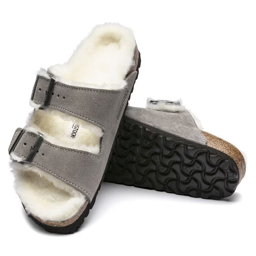 Birkenstock Arizona Shearling Suede Leather Stone Coin