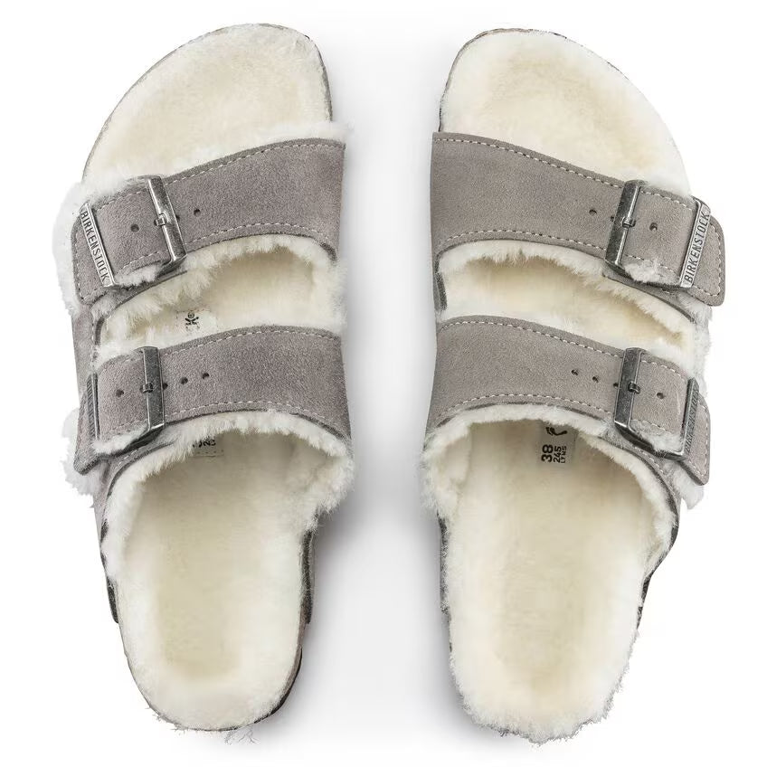 Birkenstock Arizona Shearling Suede Leather Stone Coin