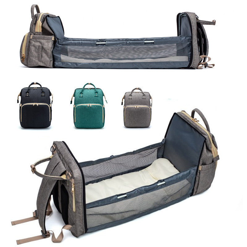 3-in-1 Mommy Bed Backpack with USB Charging | Folding Portable Baby Crib & Diaper Bag | Large Capacity Multi-Function Travel Backpack | Trendy Waterproof Maternity Bag for Moms & Dads | 2026 High-Fashion Smart Parenting Gear