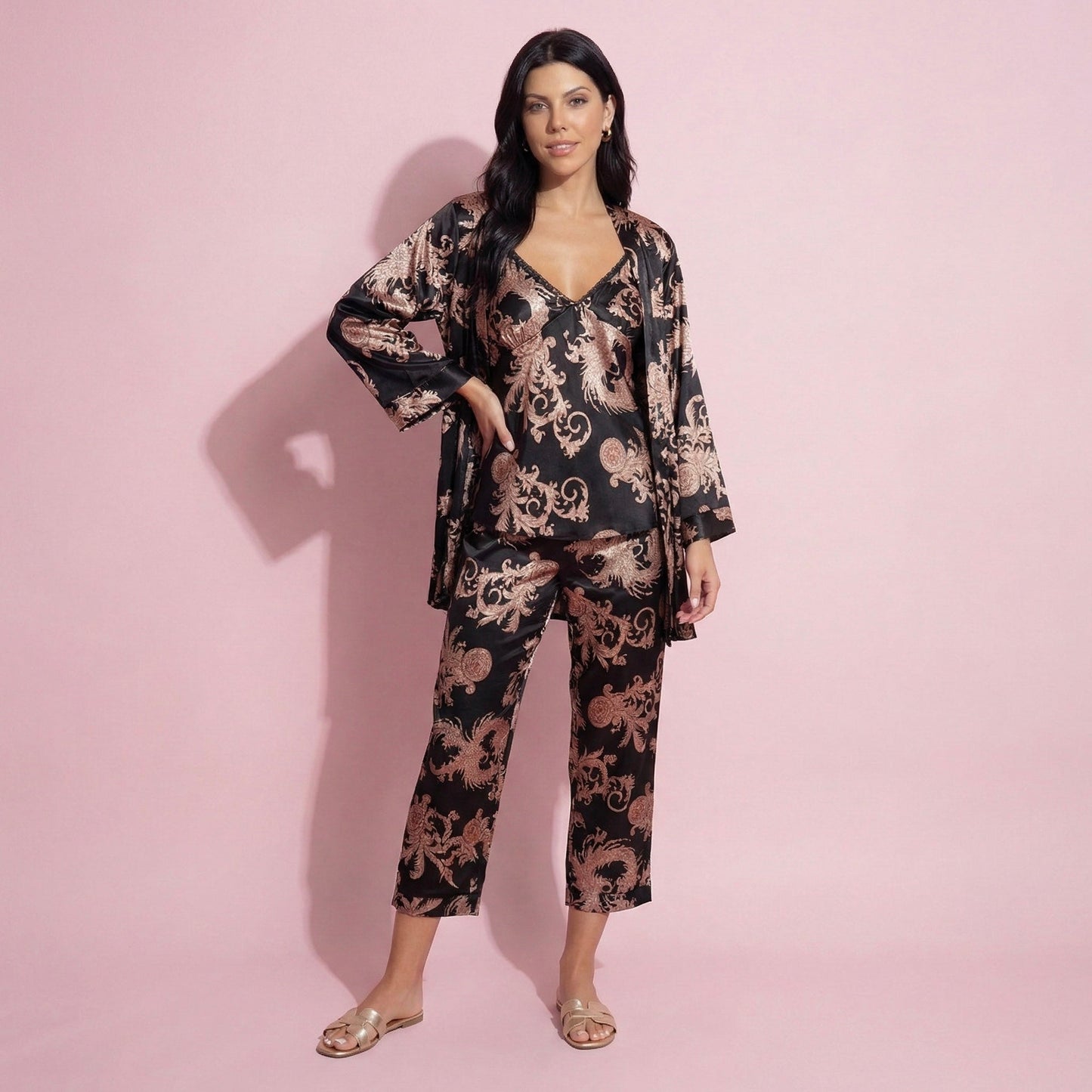 Anna-Kaci Lounge Women's 3-Piece Set Satin Baroque Print Pajama Cami with Matching Robe and Relaxed Straight-Leg Pants