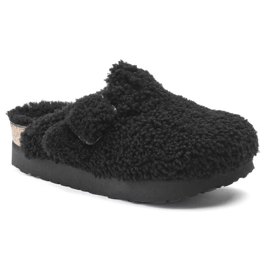 Birkenstock Boston Big Buckle Flex Platform Shearling Teddy Black