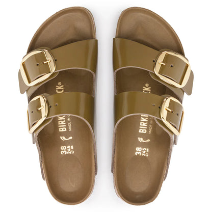 Birkenstock Unisex Arizona Big Buckle Natural Leather Patent High Shine Mud Green