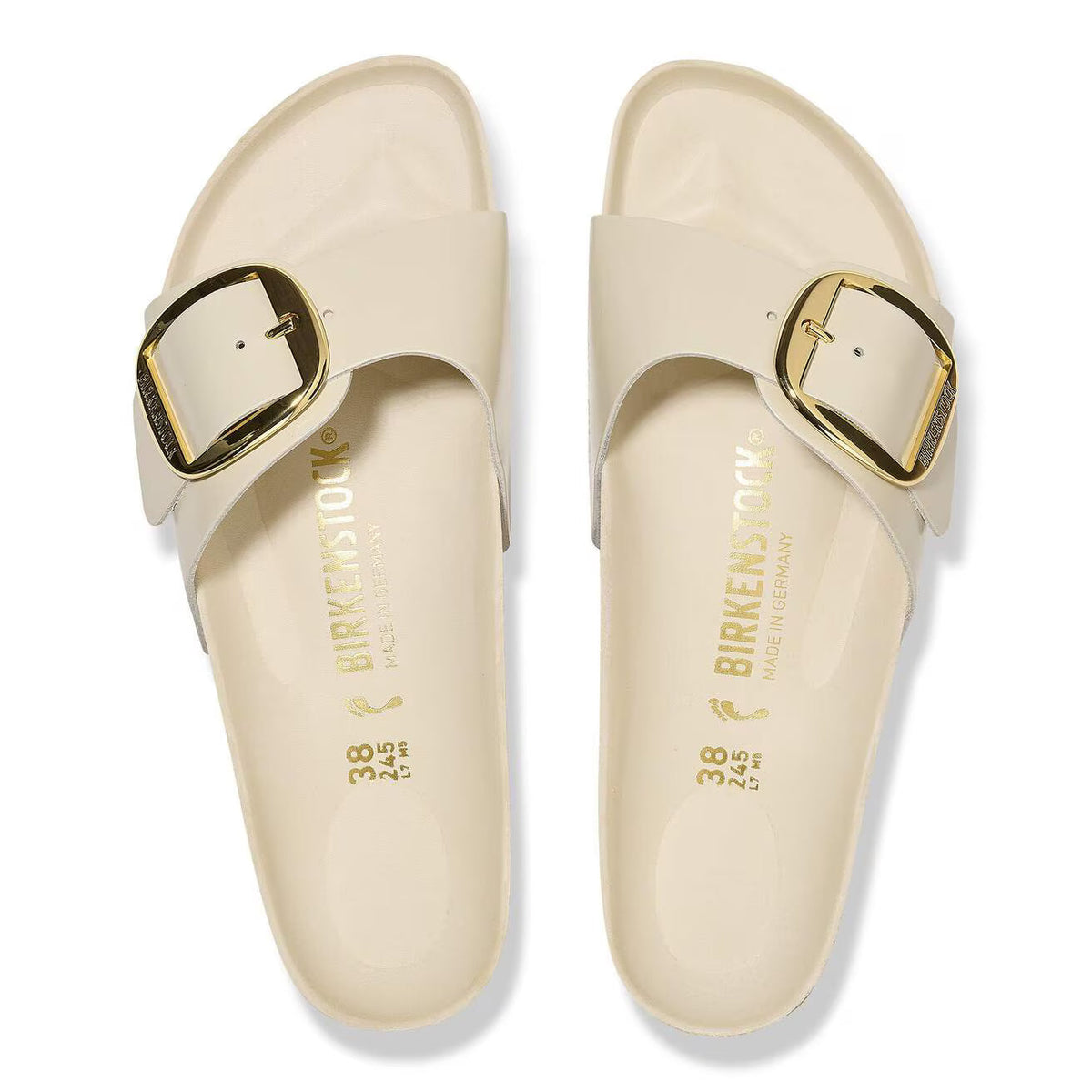 Birkenstock Unisex Madrid Big Buckle Natural Leather Patent High Shine Ecru