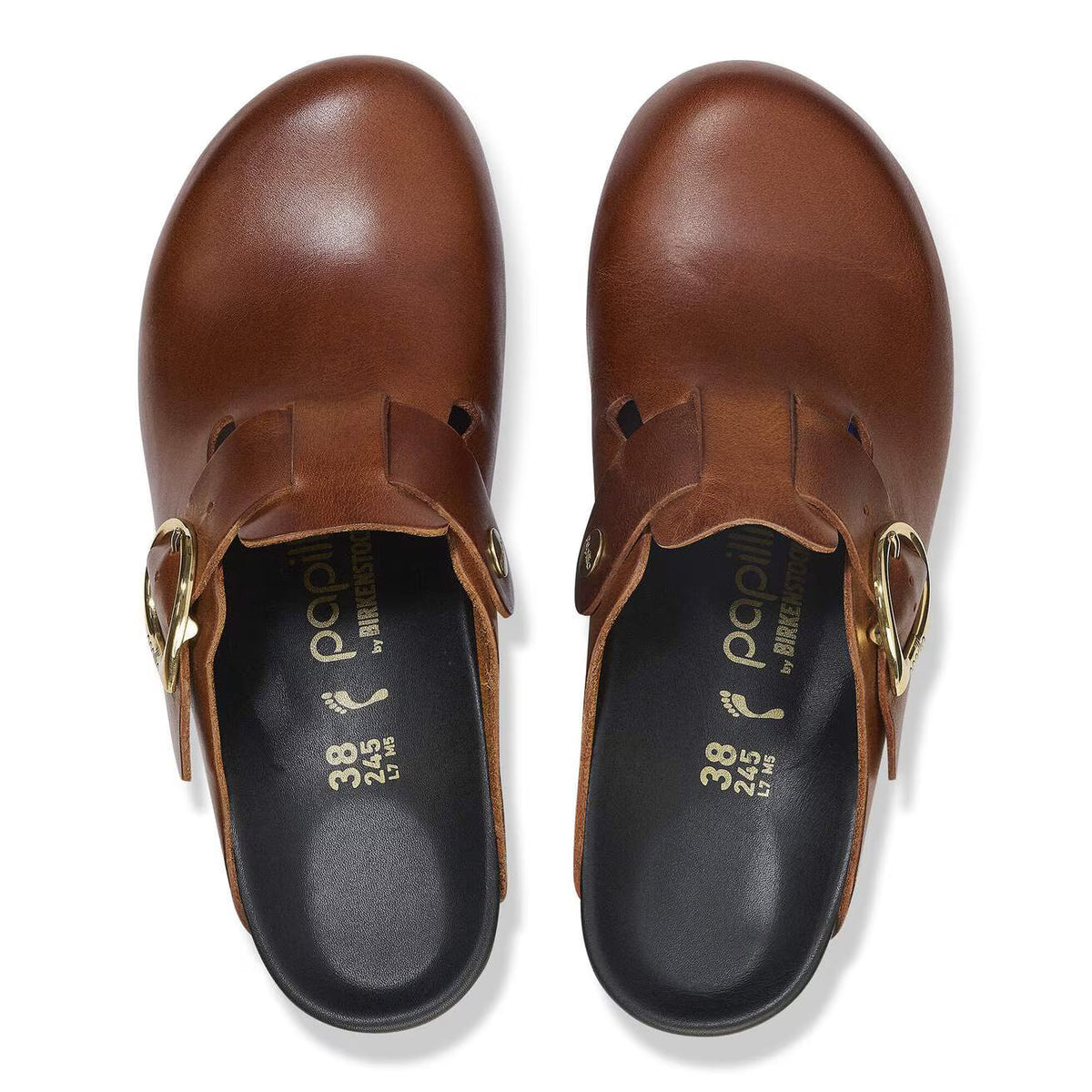Birkenstock Unisex Fanny Ring Buckle Natural Leather Black Cognac