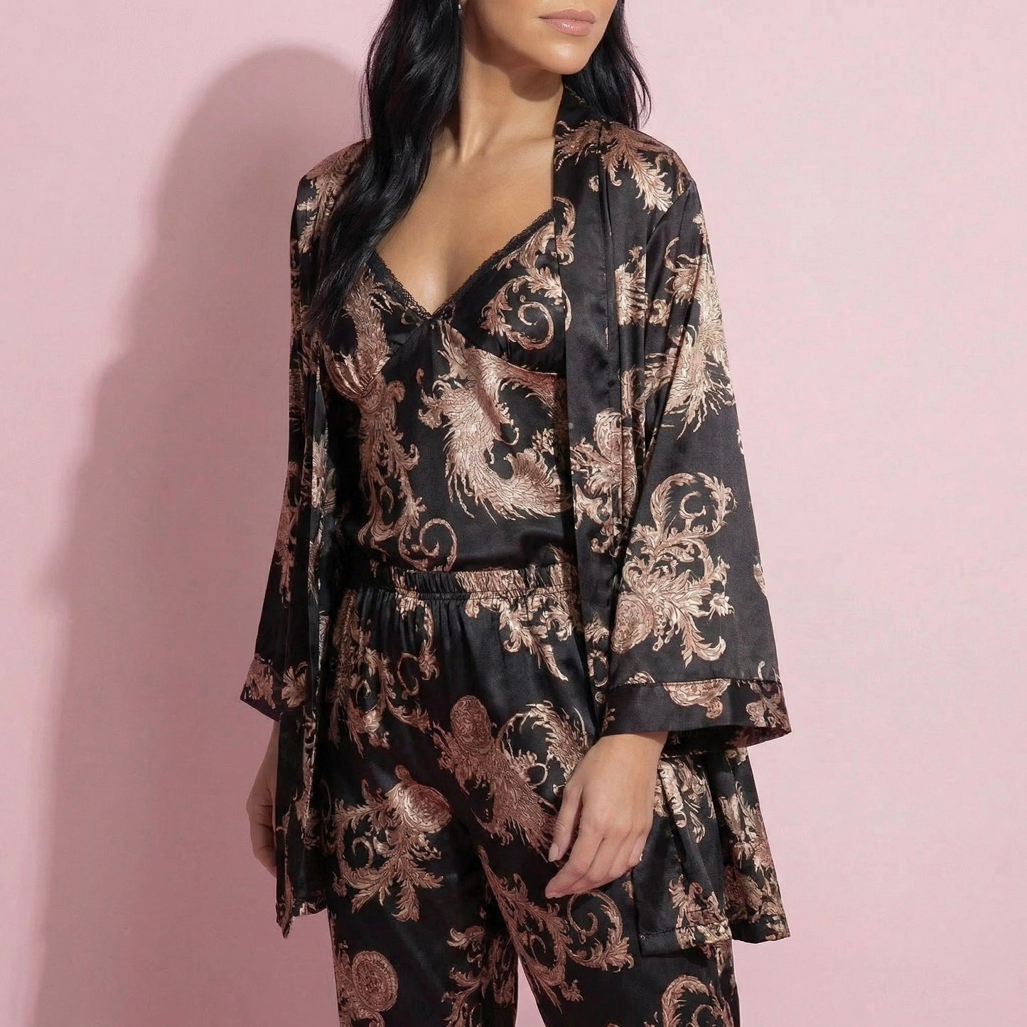 Anna-Kaci Lounge Women's 3-Piece Set Satin Baroque Print Pajama Cami with Matching Robe and Relaxed Straight-Leg Pants