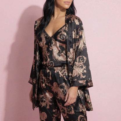 Anna-Kaci Lounge Women's 3-Piece Set Satin Baroque Print Pajama Cami with Matching Robe and Relaxed Straight-Leg Pants