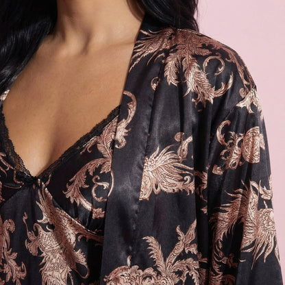Anna-Kaci Lounge Women's 3-Piece Set Satin Baroque Print Pajama Cami with Matching Robe and Relaxed Straight-Leg Pants
