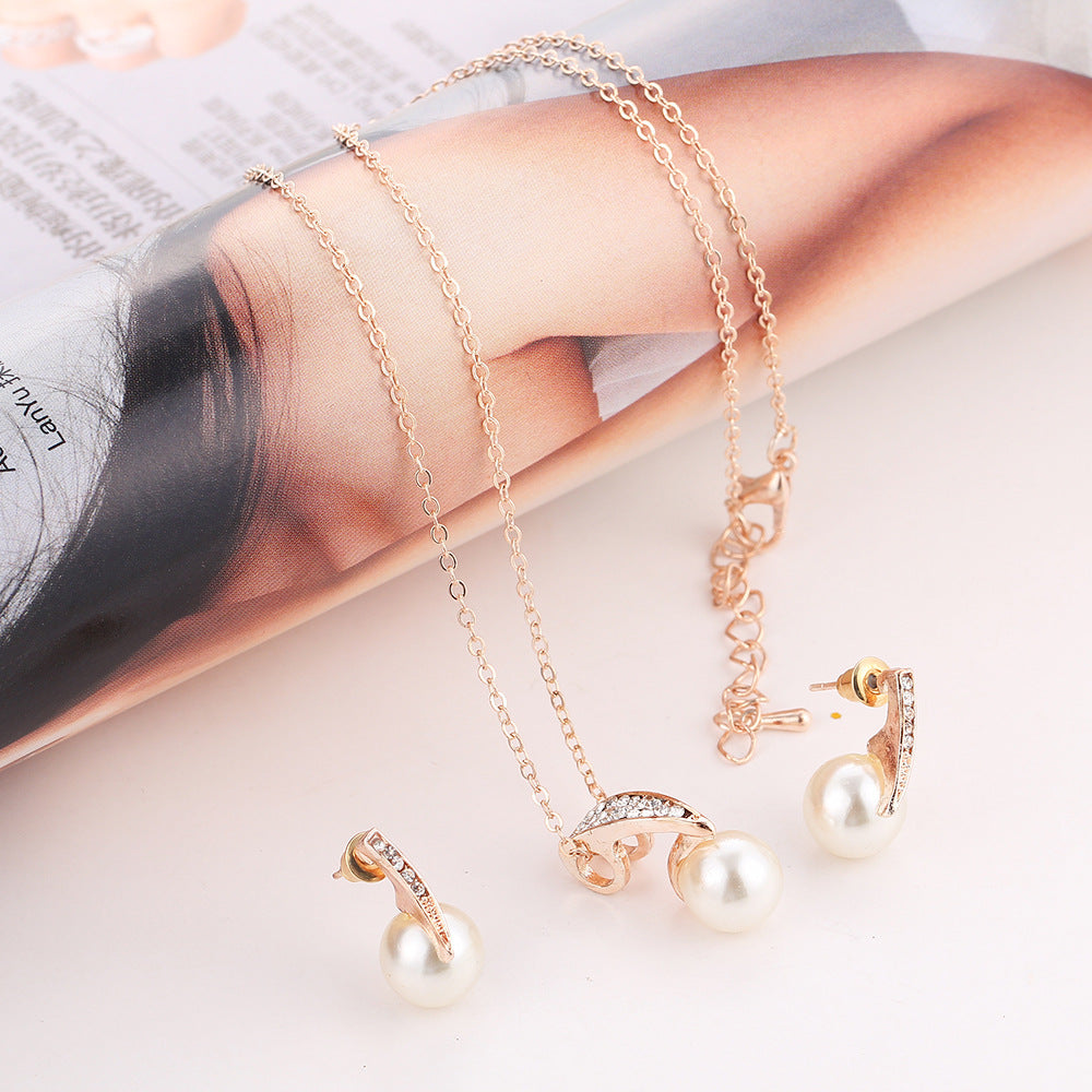 Elegant 2-Piece Faux Pearl Necklace & Earrings Set | Classic Crystal Inlaid Bridal Jewelry Set | Sophisticated Wedding Accessories for Women
