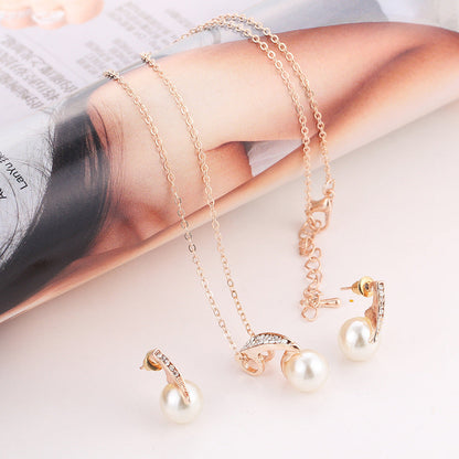Elegant 2-Piece Faux Pearl Necklace & Earrings Set | Classic Crystal Inlaid Bridal Jewelry Set | Sophisticated Wedding Accessories for Women