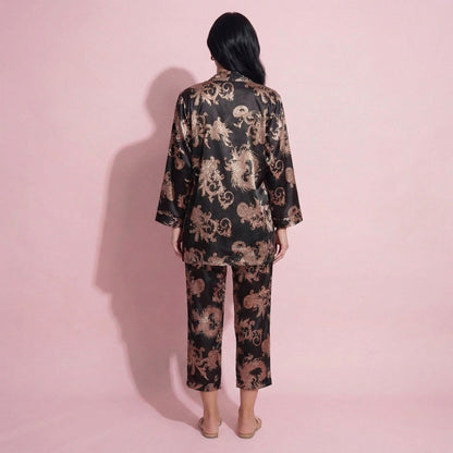 Anna-Kaci Lounge Women's 3-Piece Set Satin Baroque Print Pajama Cami with Matching Robe and Relaxed Straight-Leg Pants