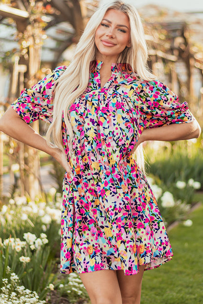Threaded Pear Hadlee Floral Puff Short Sleeve V Neck Mini Dress