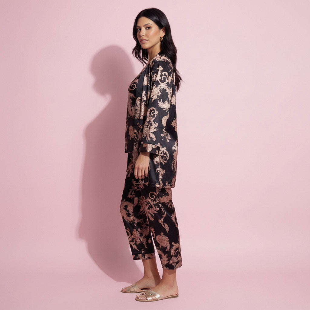 Anna-Kaci Lounge Women's 3-Piece Set Satin Baroque Print Pajama Cami with Matching Robe and Relaxed Straight-Leg Pants