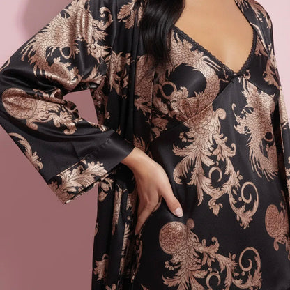 Anna-Kaci Lounge Women's 3-Piece Set Satin Baroque Print Pajama Cami with Matching Robe and Relaxed Straight-Leg Pants