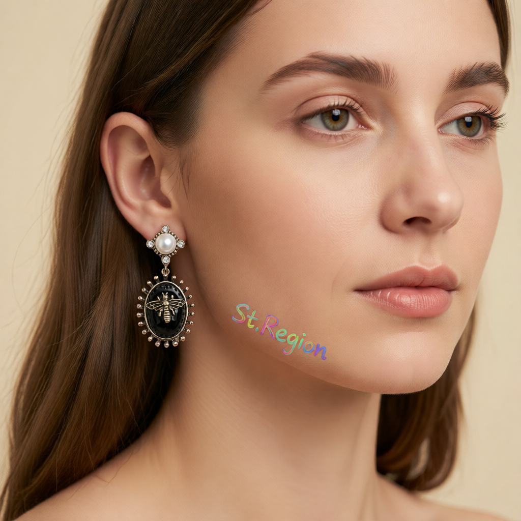 Black Crystal & Pearl Goldtone Bee Drop Earrings