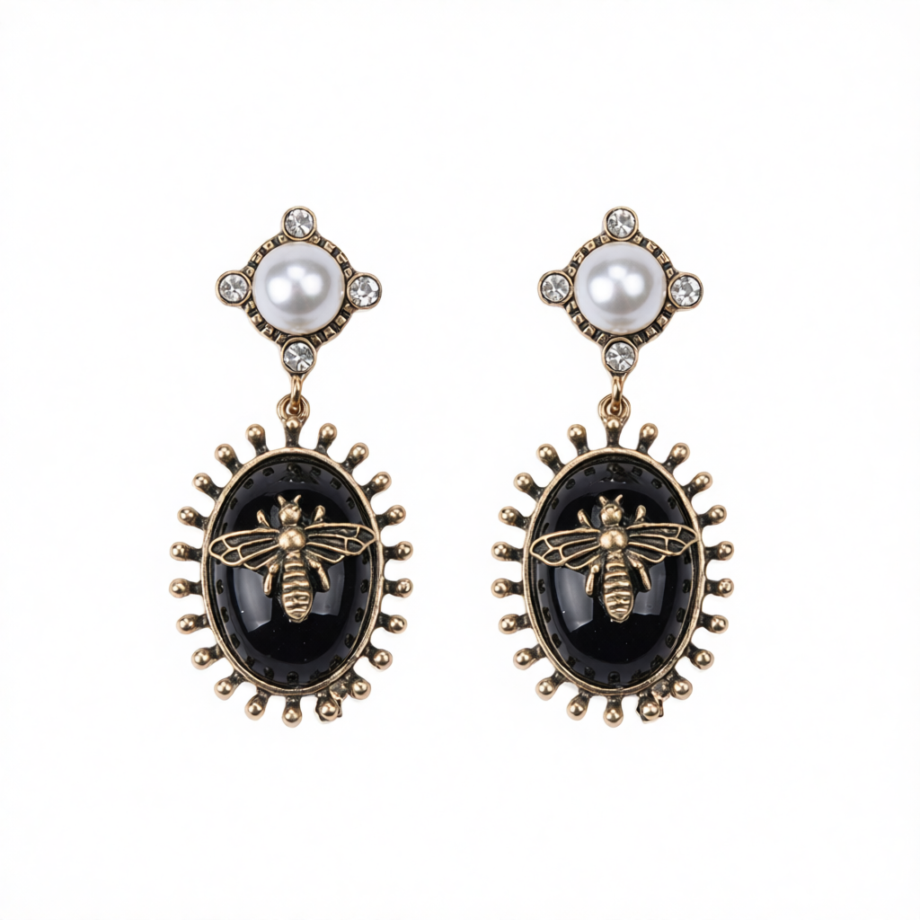 Black Crystal & Pearl Goldtone Bee Drop Earrings
