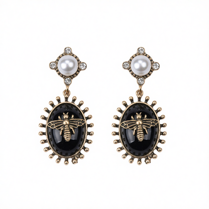 Black Crystal & Pearl Goldtone Bee Drop Earrings