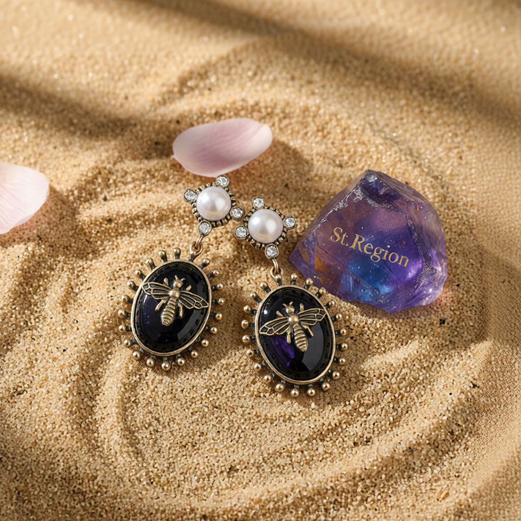 Black Crystal & Pearl Goldtone Bee Drop Earrings