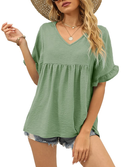 Womens Casual V Neck Ruffle Sleeve T Shirts Babydoll Loose Fit Peplum Tops