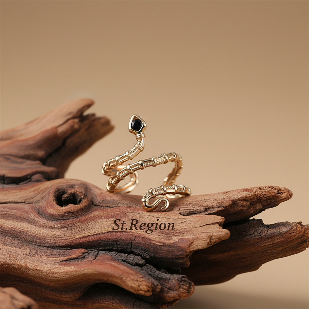 Black Cubic Zirconia & Goldtone Snake Layered Open Ring