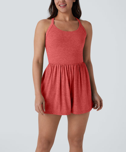 2-in-1 Built-in Shorts Romper, Backless Twist Side Pocket Casual Resort Jumpsuit