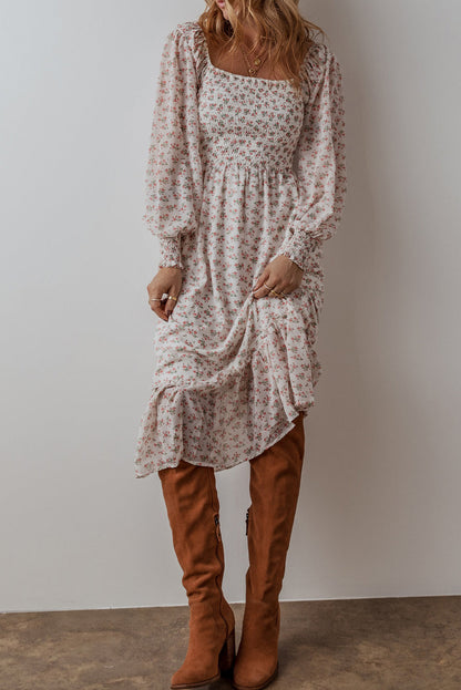 Threaded Pear Delaney Ruffled Hem Square Neck Midi Dress
