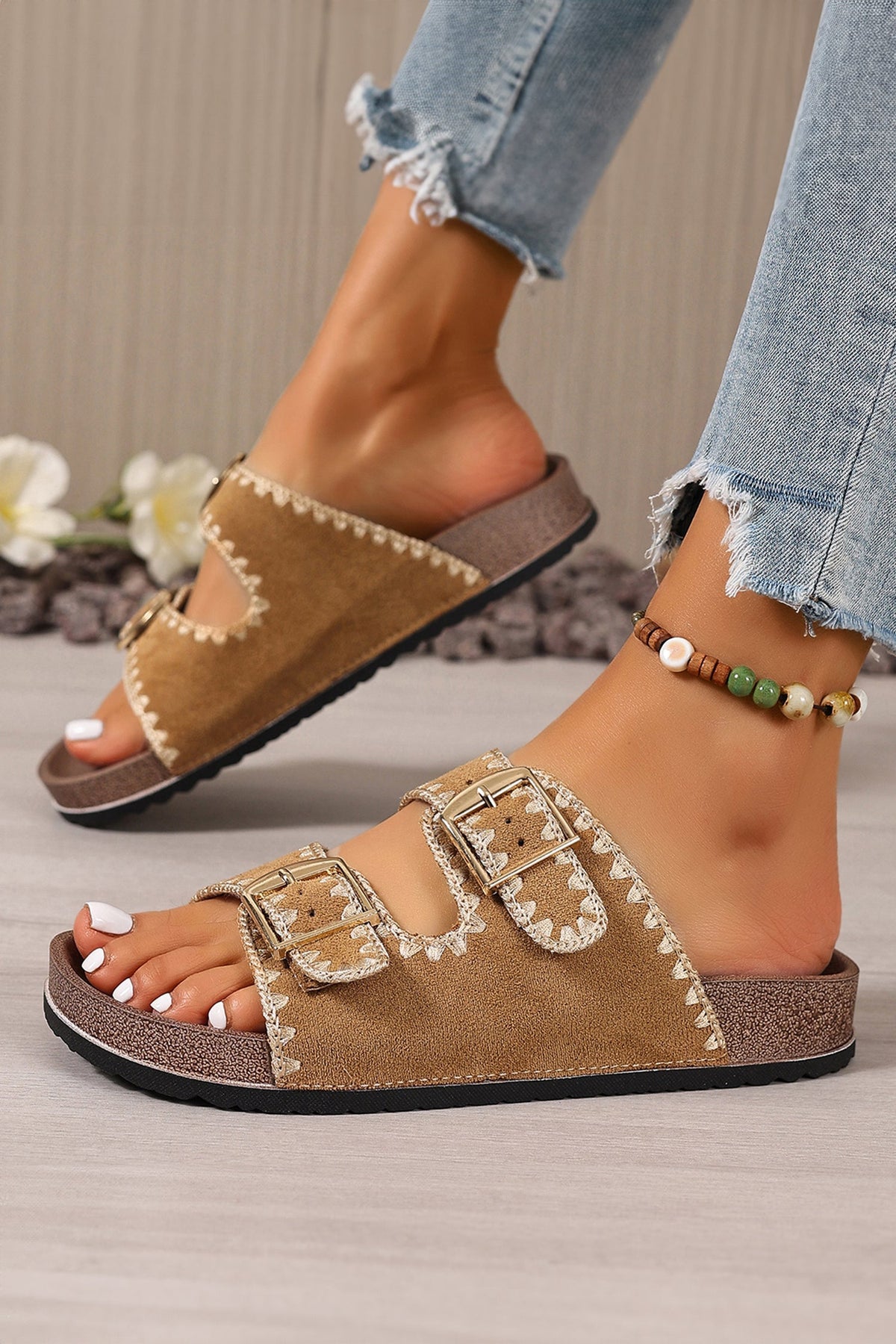 Threaded Pear Azaria Buckle Faux Suede Sandals
